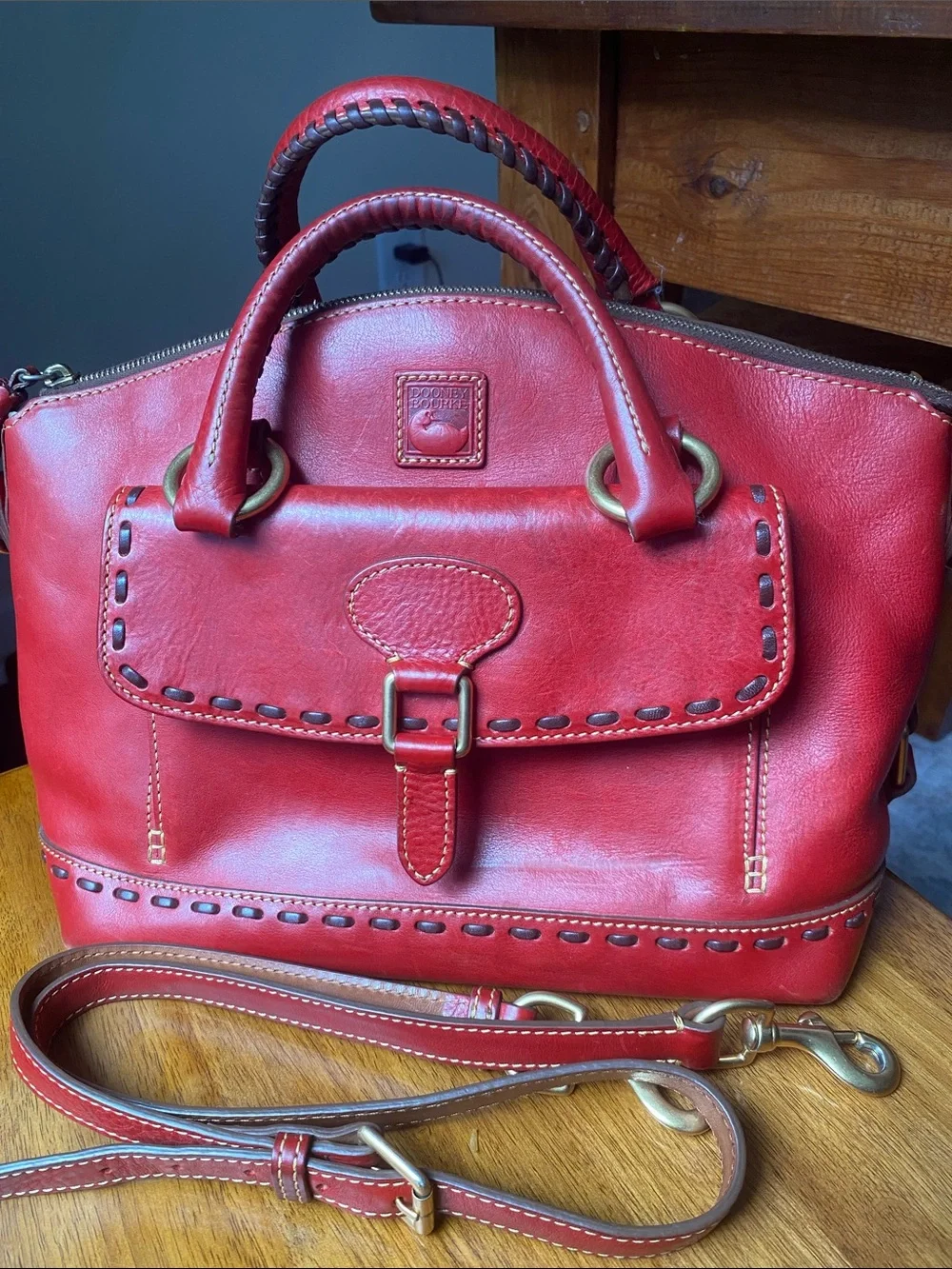 Dooney & Bourke Florentine Janine Red Leather Satchel Whip Stitching Top Handles